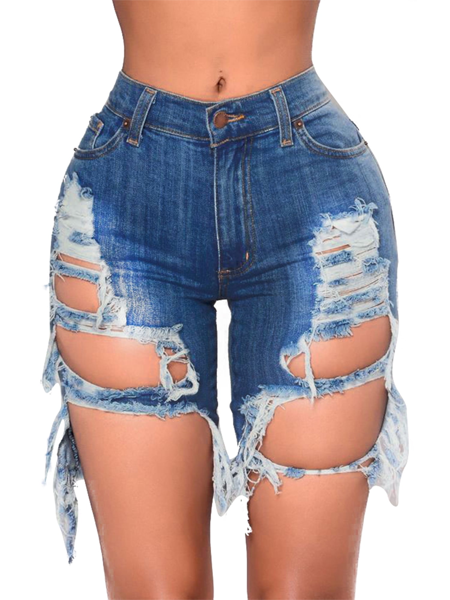 Women's High Waist Ripped Hole Denim Shorts Knee Length Stretchy Bermuda Short  Jeans Summer Distressed Jeans Shorts (Dark Blue,Small) at Amazon Women's  Clothing store